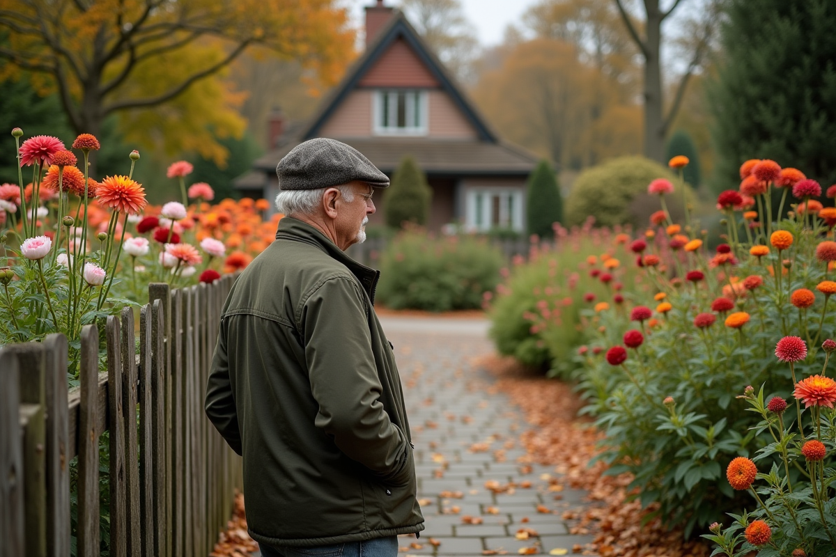 Homme âgé admirant un jardin fleuri en automne