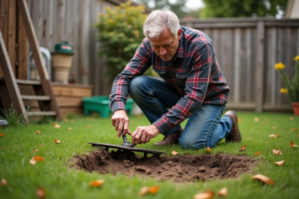 Homme moyenâgeux examine une pelouse endommagée dans son jardin