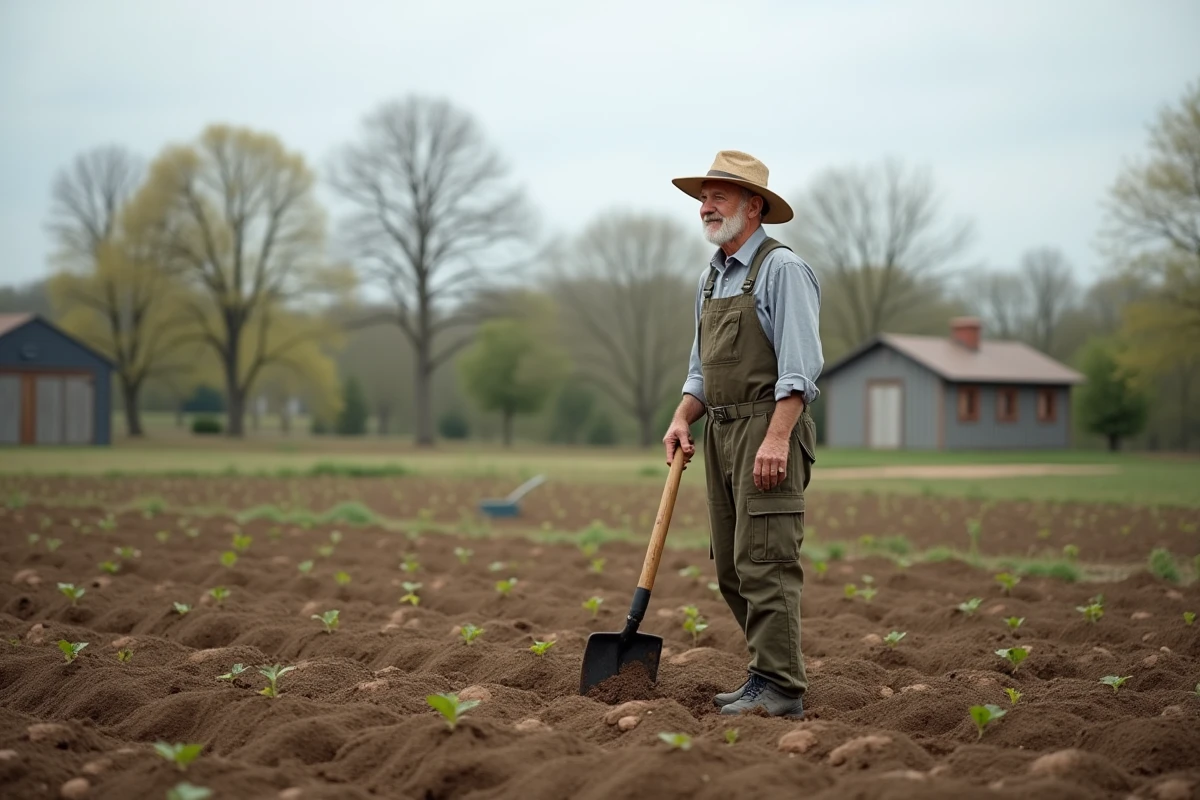 Homme âgé creusant des sillons dans un champ rural