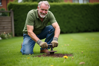 Homme en jeans et polo vert utilisant un aerateur manuel dans le jardin