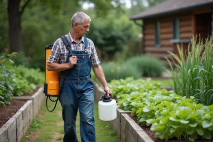 Homme en vêtements de travail pulvérisant herbicide dans le jardin