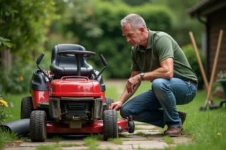Homme d'âge moyen inspectant une tondeuse rouge dans le jardin