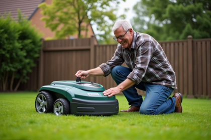 Homme inspectant une tondeuse robot dans le jardin