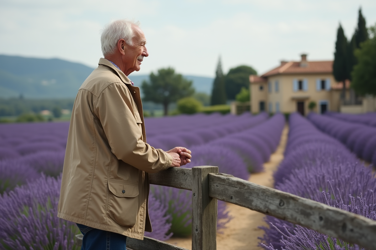 Homme âgé regardant la lavande en Provence