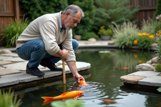 Homme mesurant la profondeur d'un bassin de jardin