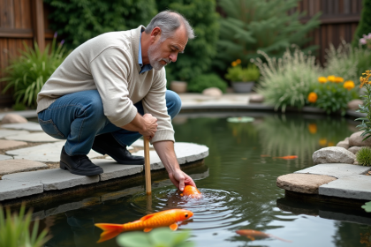 Homme mesurant la profondeur d'un bassin de jardin