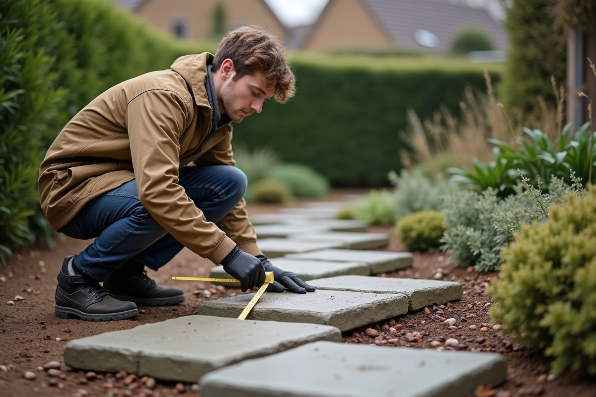 Jeune homme mesurant des pavés dans un jardin