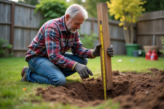Homme mesurant la profondeur d'un trou dans le sol