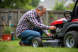 Homme en jeans examine la transmission d'une tondeuse dans le jardin