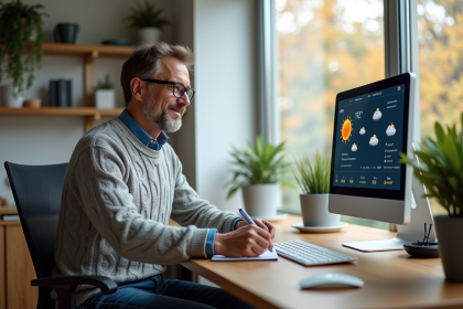 Homme d'âge moyen vérifiant une station météo connectée dans un bureau moderne