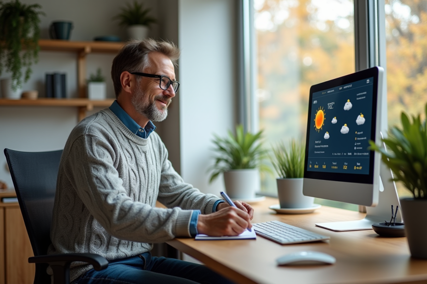 Homme d'âge moyen vérifiant une station météo connectée dans un bureau moderne