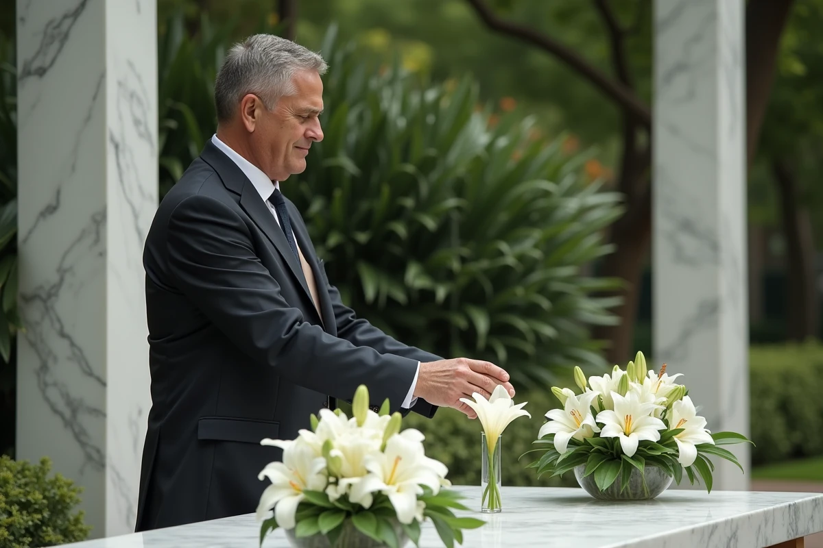 Homme en costume déposé une lys dans un jardin