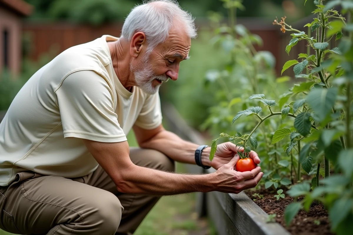 Homme âgé vérifiant une tomate sur son lit de jardin