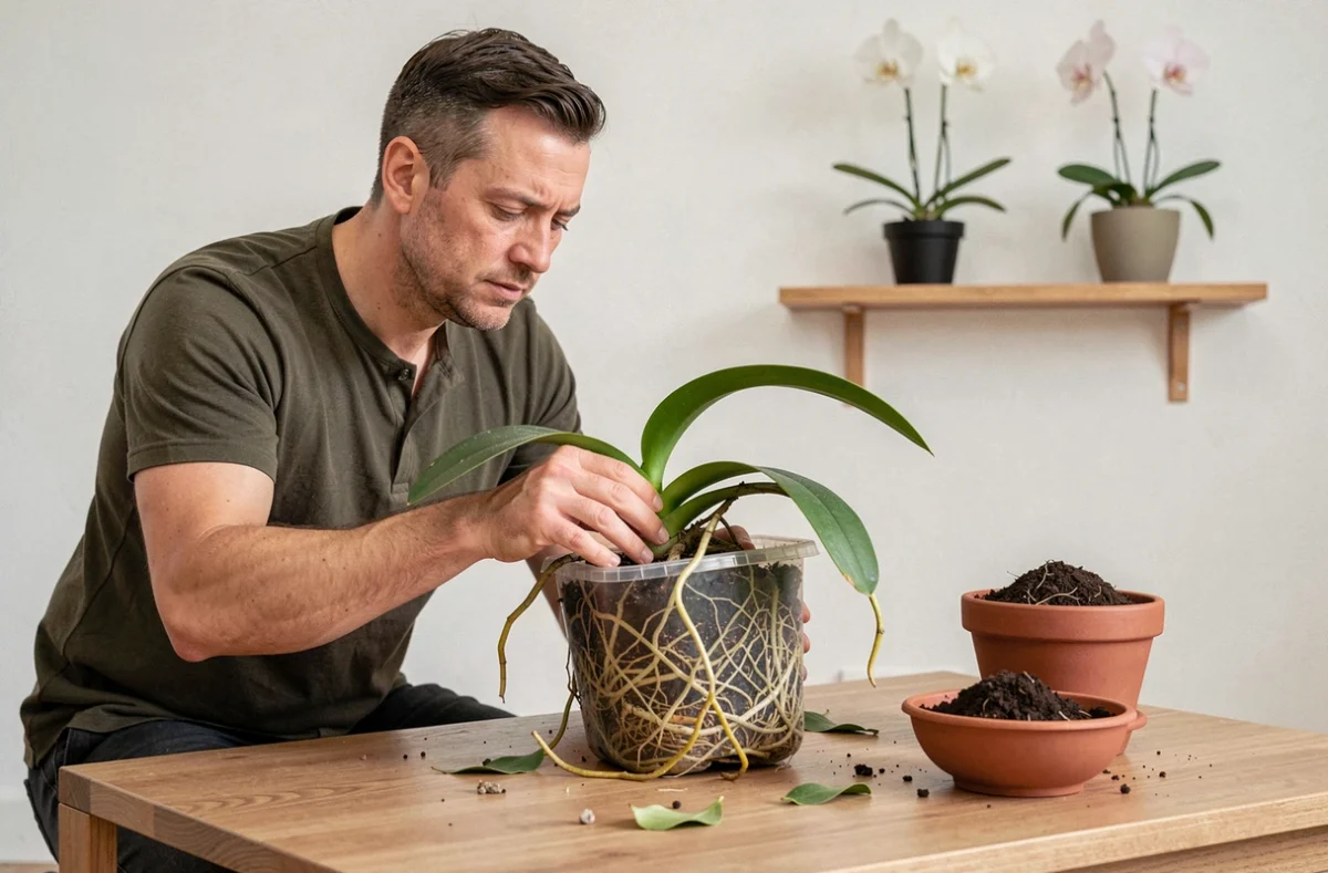 Homme retirant une orchidée de son pot pour révéler un système racinaire dense et enchevêtré, signe qu'il faut rempoter