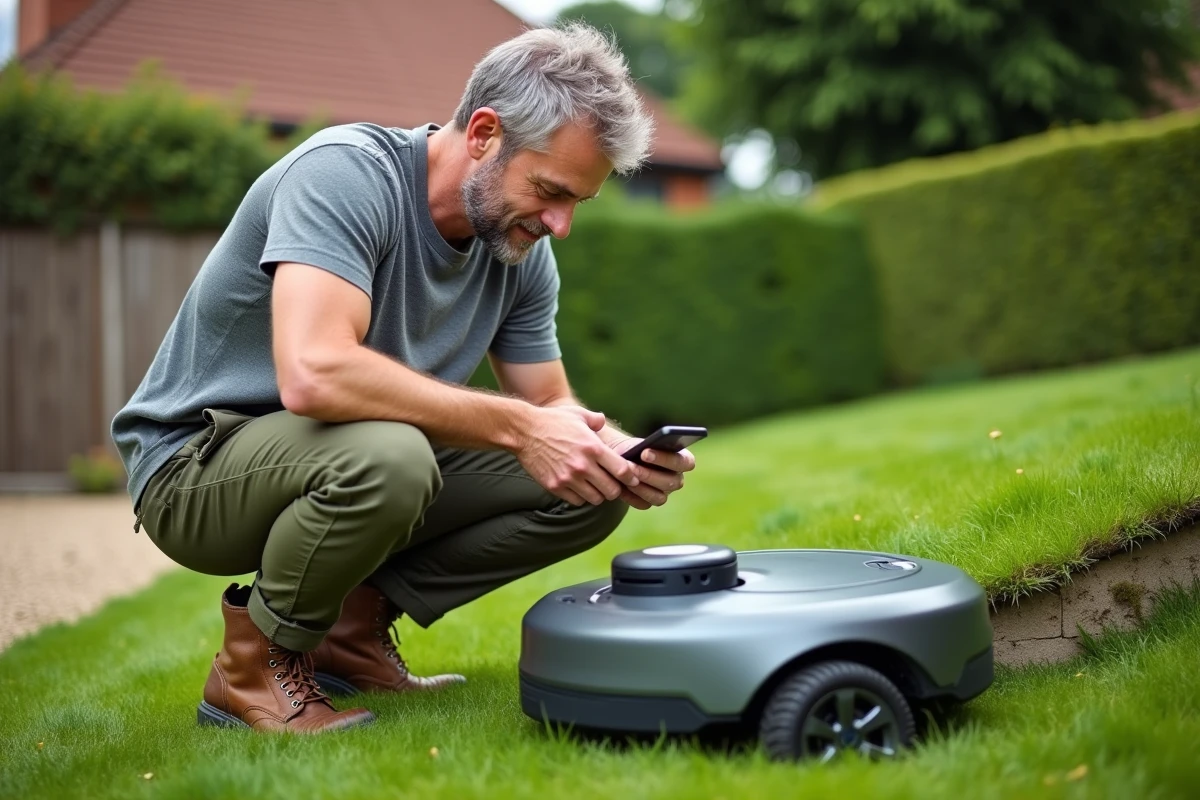 Homme inspectant son robot tondeuse Kress sur une pelouse en pente dans un petit jardin