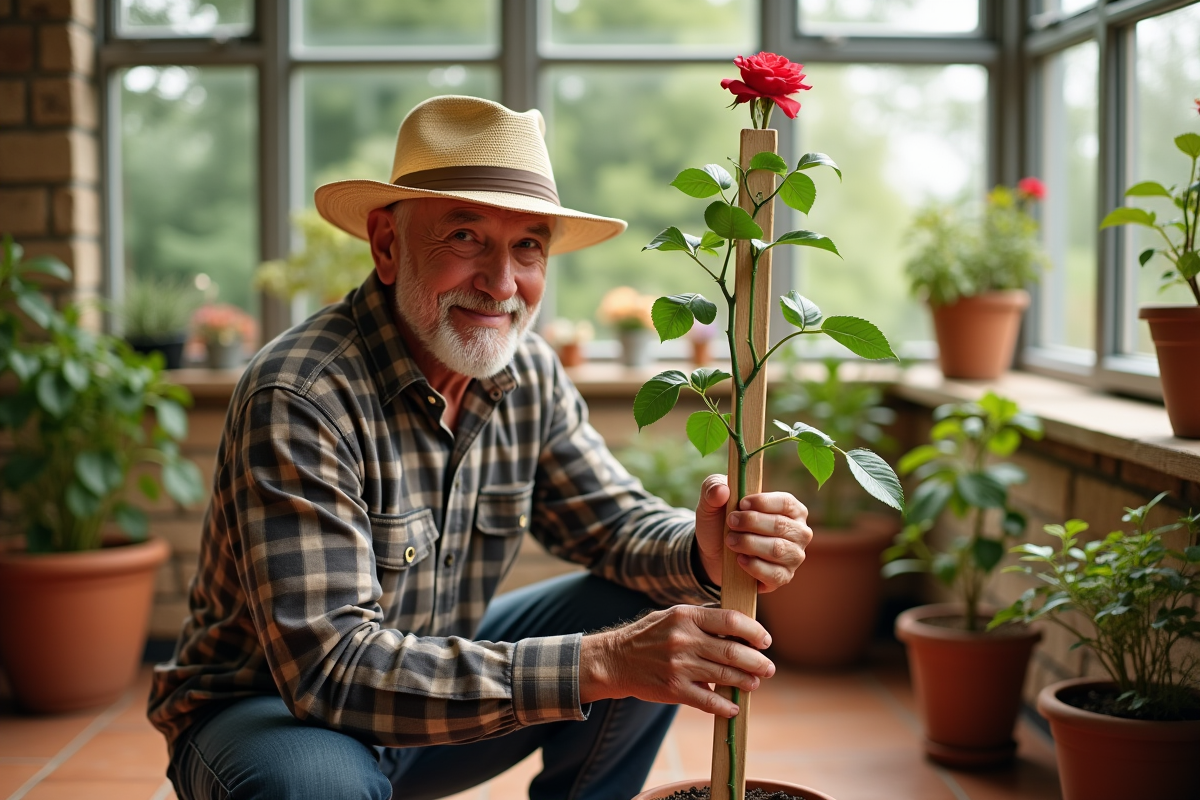 Homme âgé attachant un jeune rosier dans la serre
