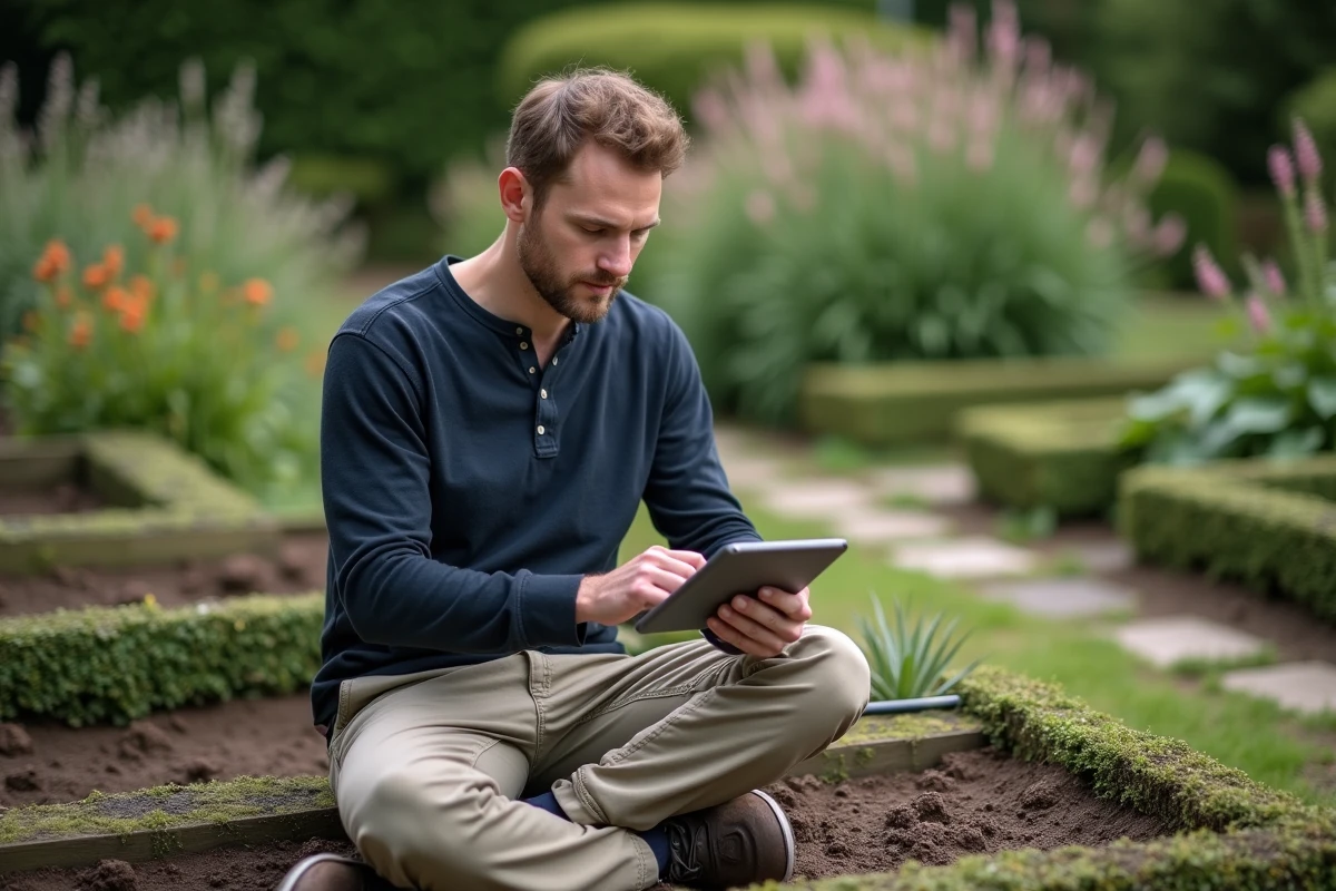 Homme consultant une ressource jardinage sur tablette assis sur un banc en bois dans un jardin structuré