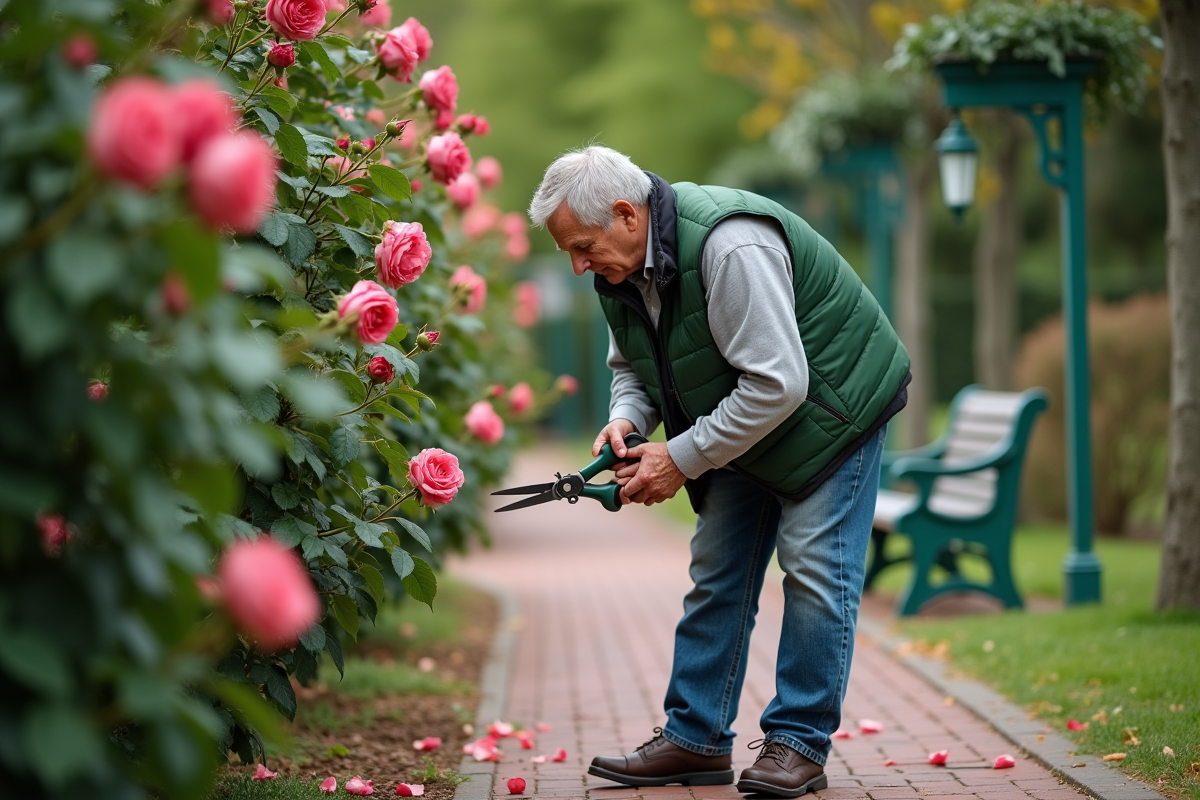 Homme âgé coupant des roses dans un parc public