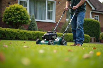Homme d'âge moyen tondant la pelouse avec une tondeuse à manivelle