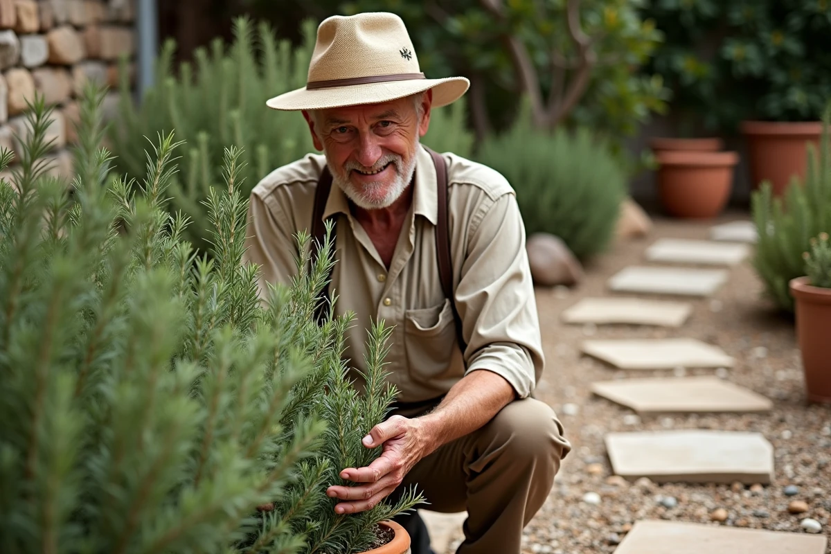 Homme âgé inspectant un romarin dans son jardin méditerranéen