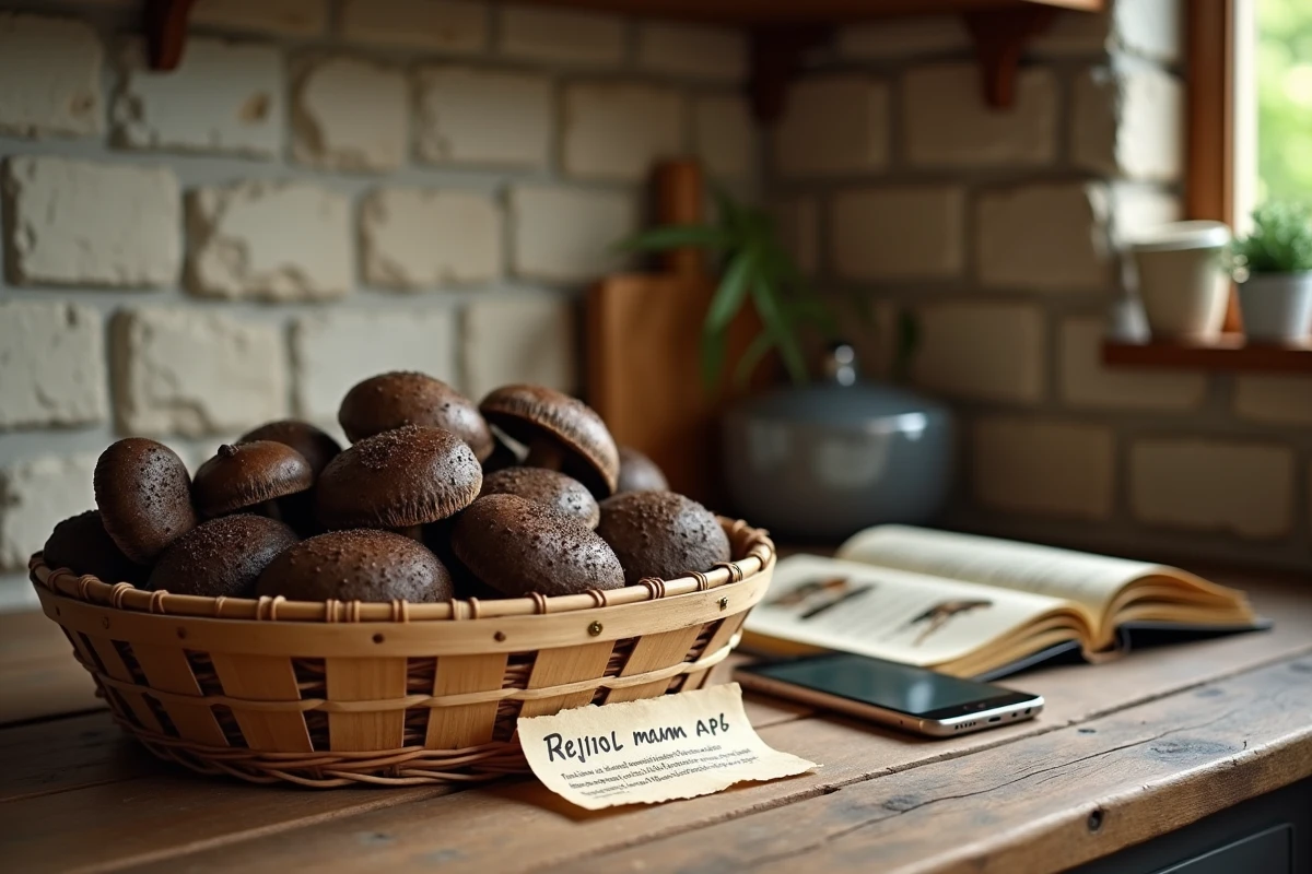 Scène de cuisine rurale avec panier de champignons sauvages, guide mycologique et application smartphone pour identifier les espèces toxiques comme la trompette de la mort
