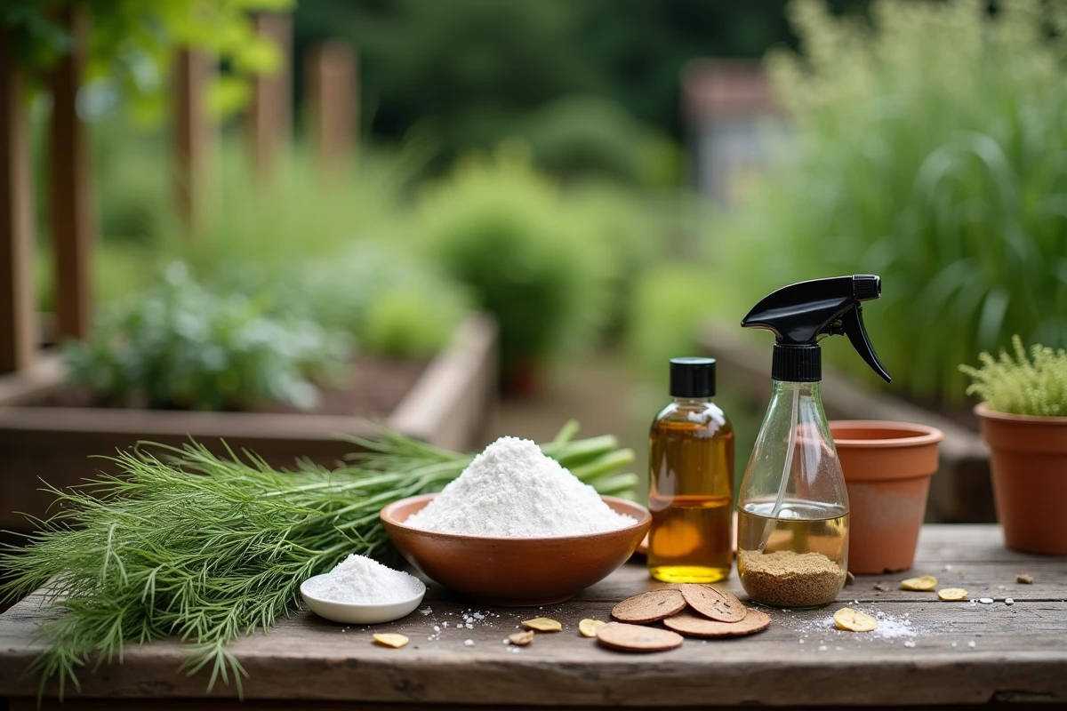 Ingrédients naturels alternatifs à la bouillie bordelaise disposés sur un établi de jardinage en bois