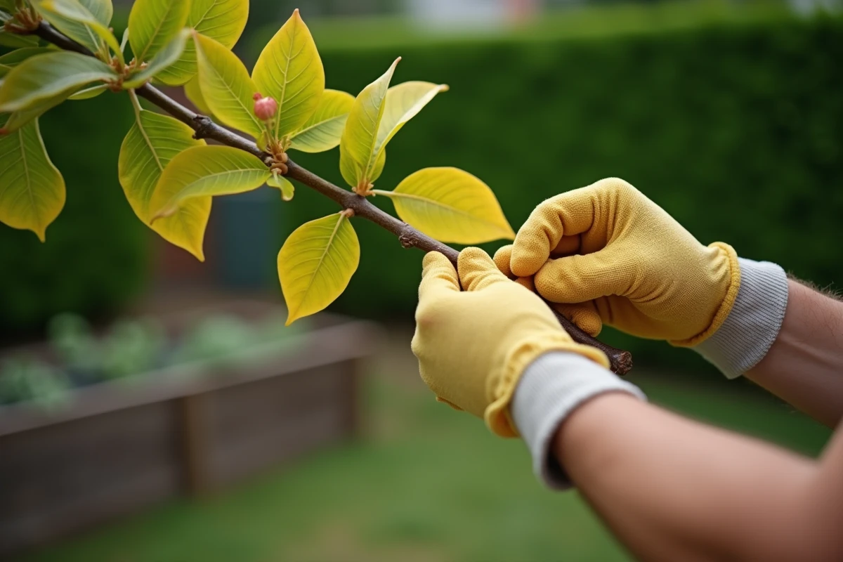 Mains de jardinier inspectant une branche de laurier rose aux feuilles jaunes pour diagnostiquer une maladie ou des parasites
