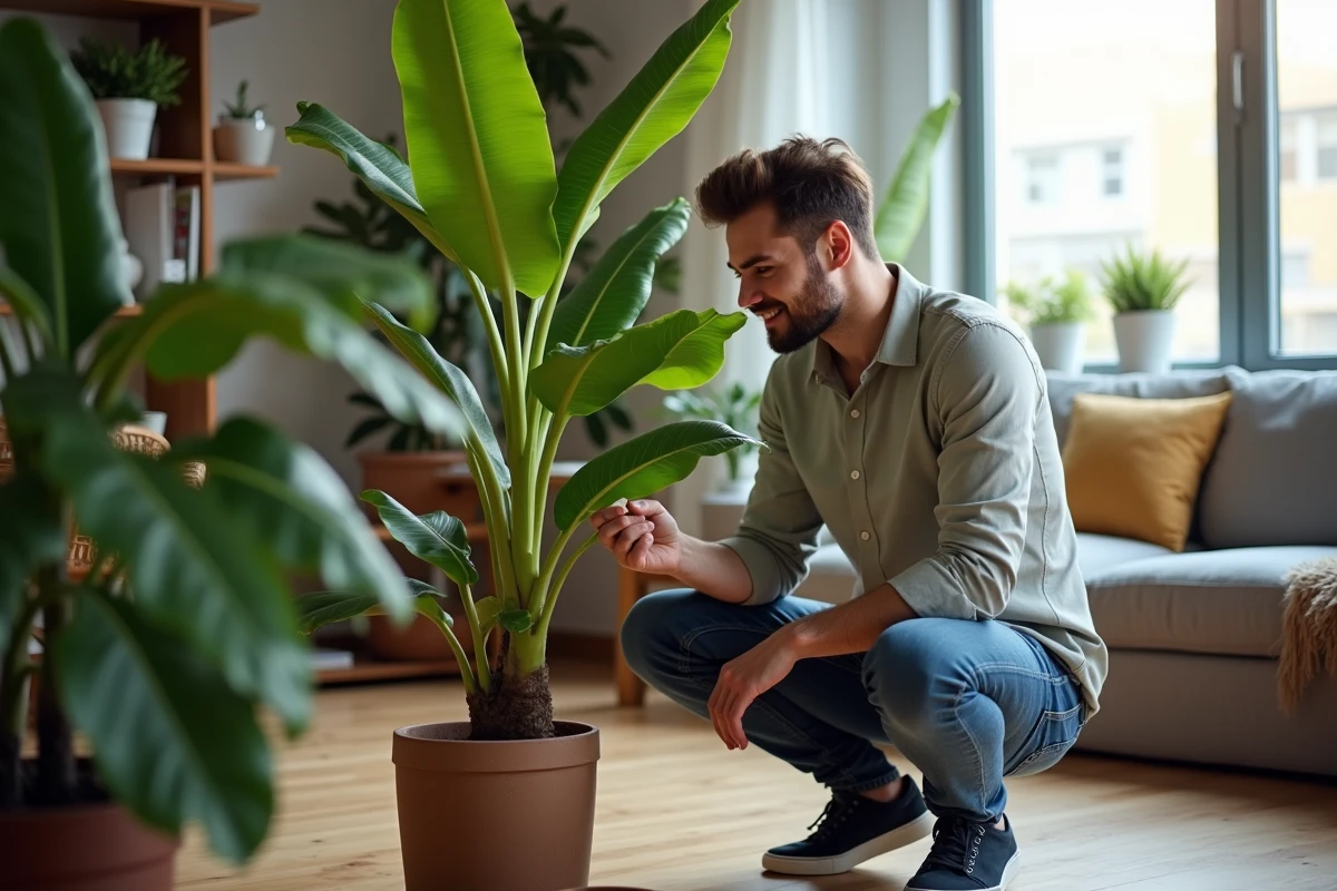Jeune homme inspectant une feuille de bananier en intérieur