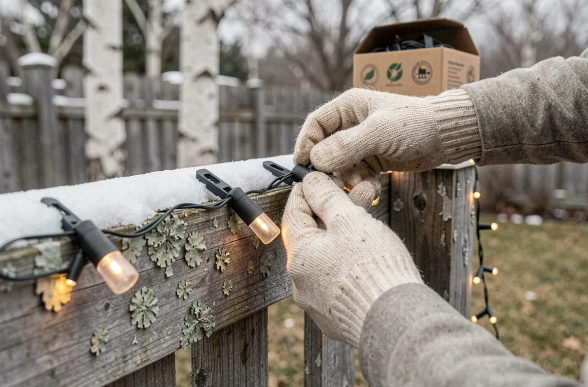 Mains gantées installant des guirlandes LED économiques sur une clôture en bois enneigée, avec clips étanches et emballage éco-certifié, décoration de Noël extérieure durable