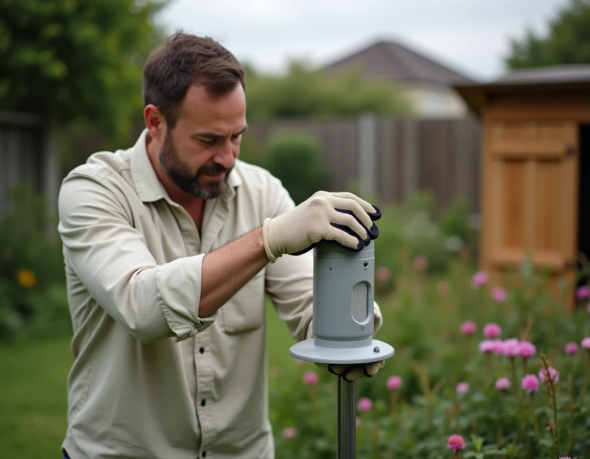 Homme installant un piège à moustiques écologique dans son jardin avec plantes indigènes et composteur en arrière-plan
