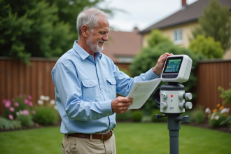 Homme d'âge moyen installant une station météo dans un jardin