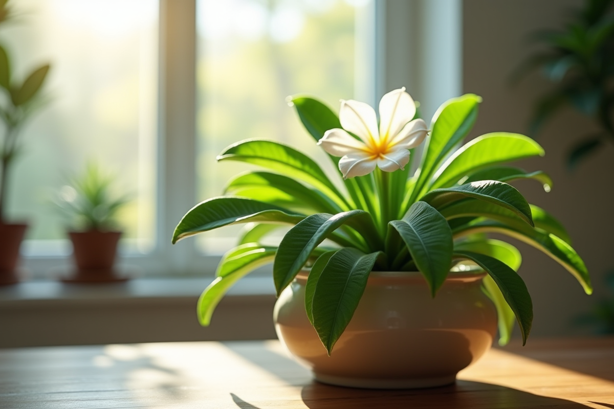 Jade en pleine floraison dans un pot en céramique éclairé par la lumière naturelle
