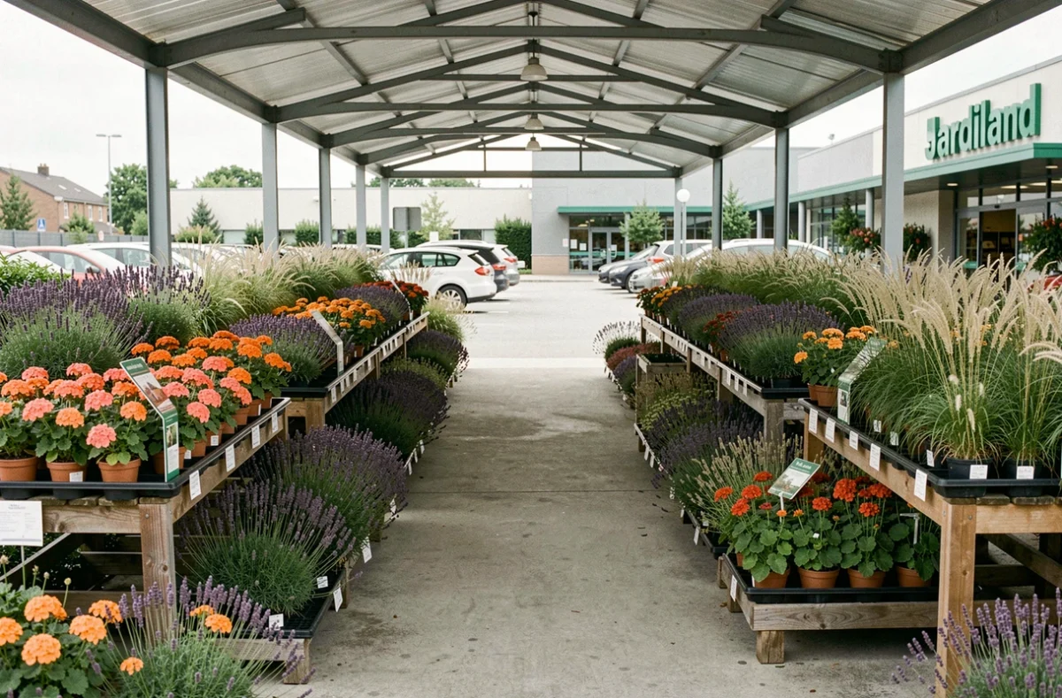 Allées de plantes colorées du Jardiland de Clamart avec géraniums, lavandes et graminées sous une grande structure ouverte