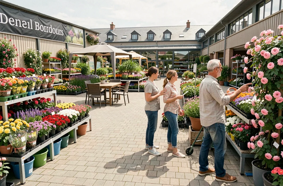 Espace extérieur du Jardiland du Bouscat avec présentoirs de fleurs colorées, mobilier de jardin et une famille choisissant des rosiers