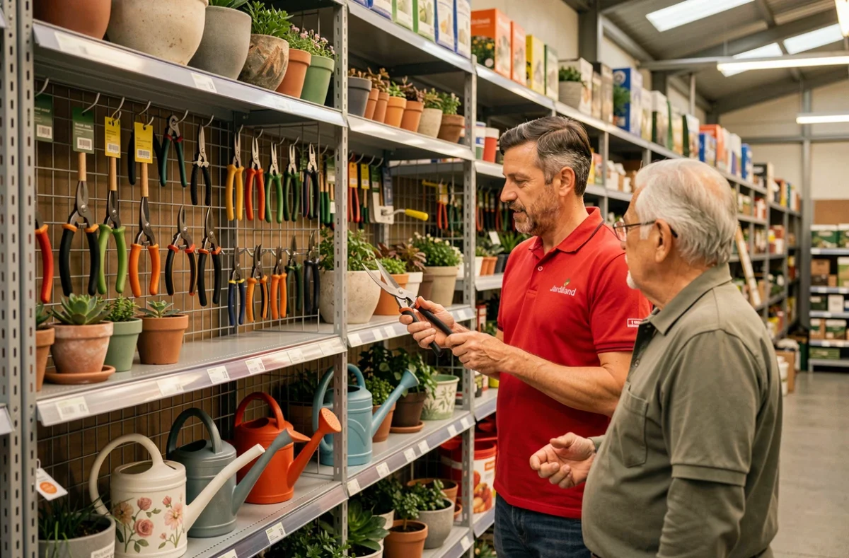 Rayon outillage du Jardiland de Pau dans les Pyrénées-Atlantiques, avec un employé en polo rouge conseillant un client sur le choix d'un sécateur