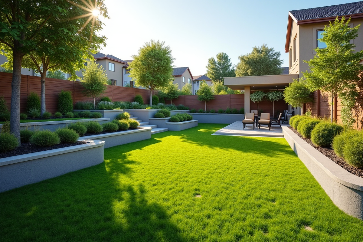 Jardin de banlieue apres elevation avec terrasses vertes