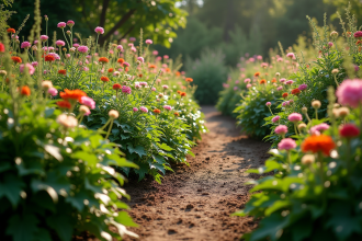 Jardin luxuriant avec bordure naturelle de fleurs en plein jour