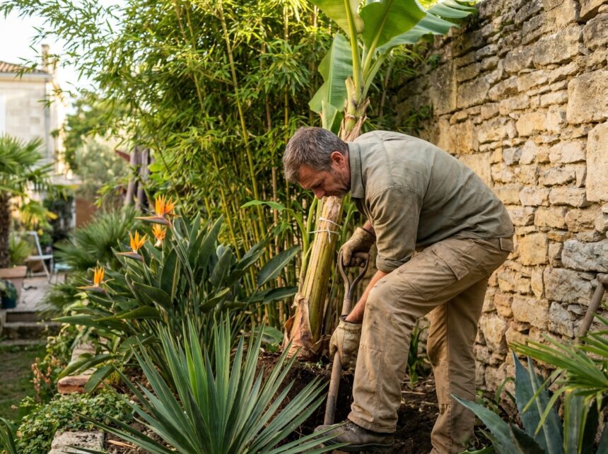 Paysagiste professionnel plantant un bananier tropical dans un jardin exotique à Bordeaux avec mur en pierre ancienne
