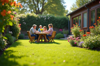 Famille profitant d'un jardin ensoleille avec pelouse et fleurs