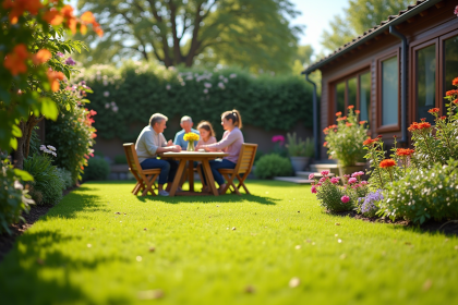 Famille profitant d'un jardin ensoleille avec pelouse et fleurs