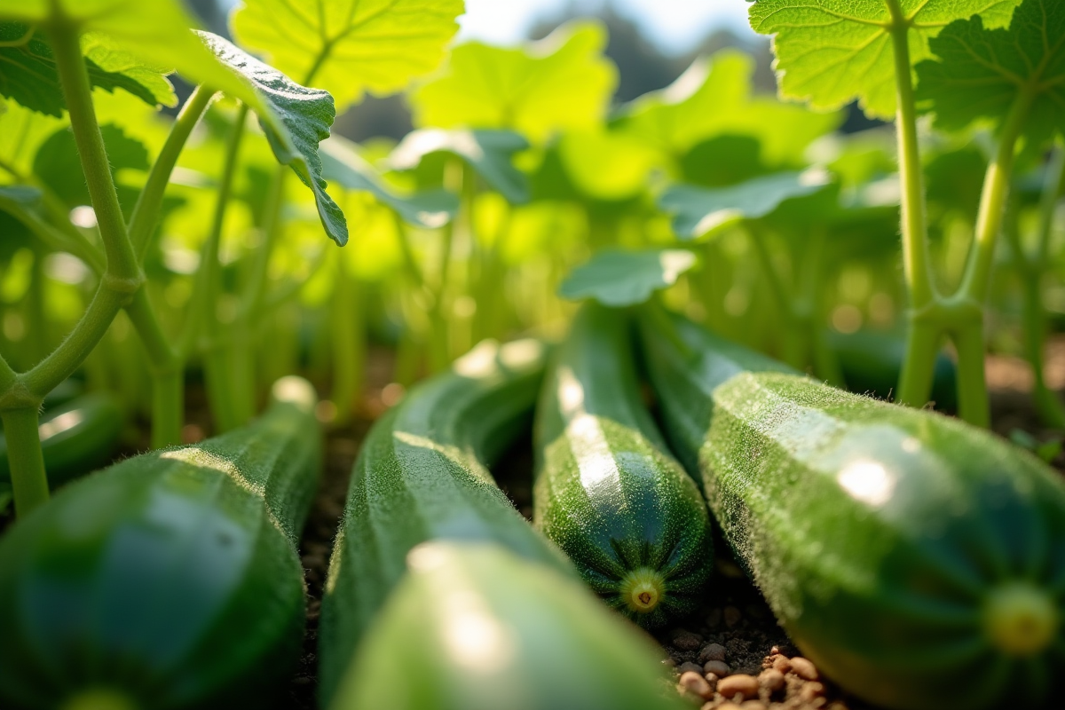 Jardin avec plants de courgettes et concombres en pleine croissance