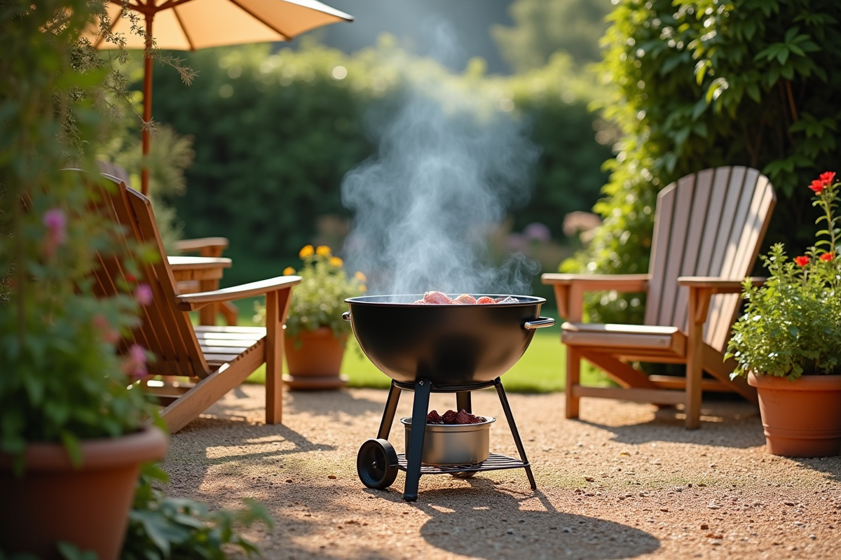 Jardin rustique avec barbecue charbon et mobilier en bois
