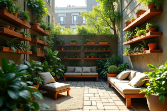 Petit jardin urbain avec jardins verticaux et coin détente