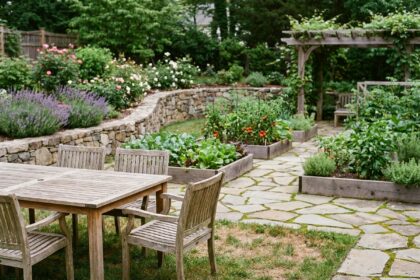 Jardin divisé en zones fonctionnelles avec coin repas en bois, potager surélevé et parterre de fleurs le long d'un mur en pierre