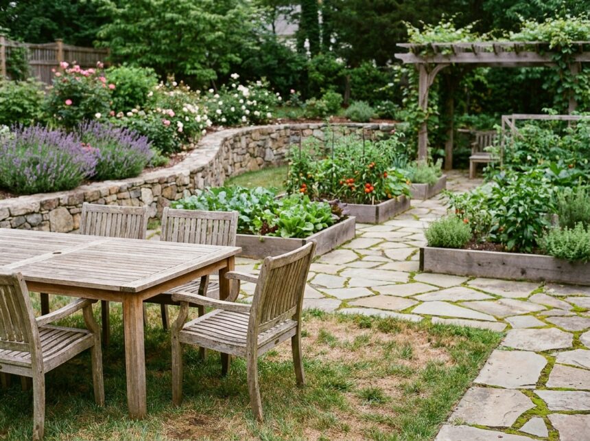 Jardin divisé en zones fonctionnelles avec coin repas en bois, potager surélevé et parterre de fleurs le long d'un mur en pierre