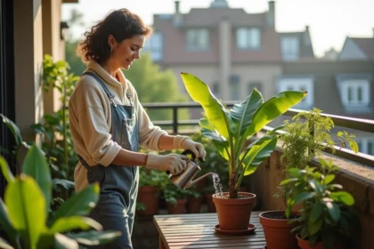 Femme jardinant sur balcon avec plante de bananier