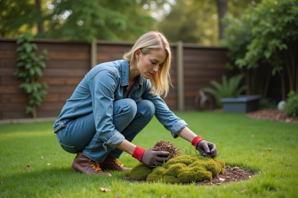 Femme de jardinage examine une mousse dans son jardin