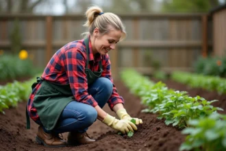Femme plantant des patates douces dans un jardin