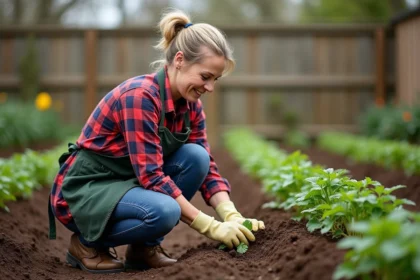 Femme plantant des patates douces dans un jardin