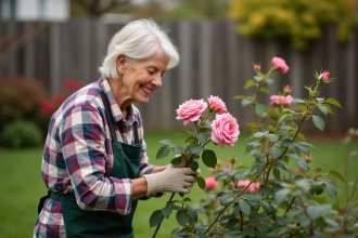 Femme d'âge moyen taillant un rosier dans un jardin